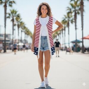 Cool Attitude American Flag Crochet Vest Womens 3X Cardigan Fringe Patriotic